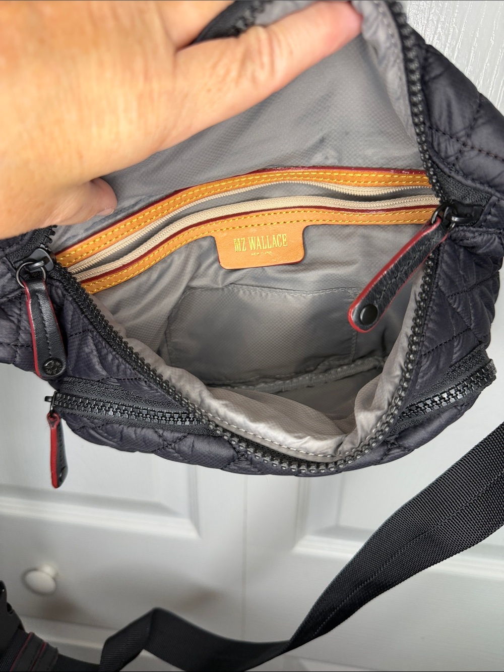 MZ Wallace Black Quilted Sling BELT bag with Red Trim - Picture 5 of 8